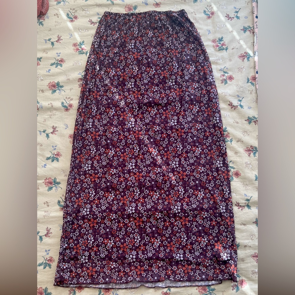 Brown Retro Floral Mesh Midi Skirt